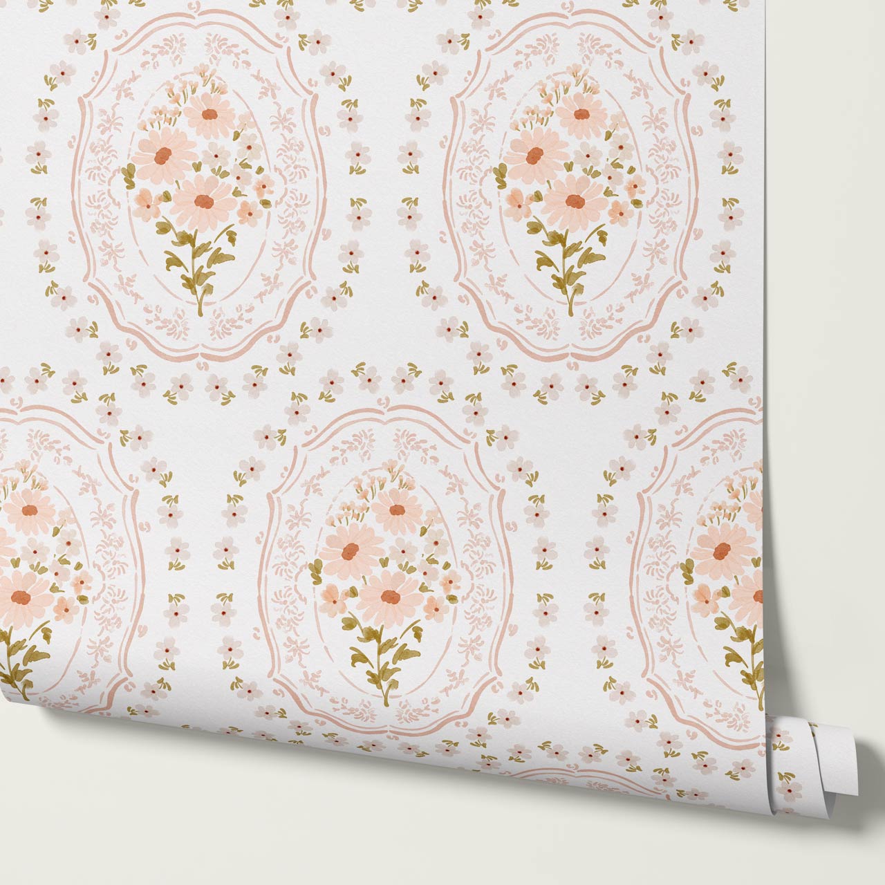 Lara Blooming Watercolor Medallions Coral Cream Wallpaper