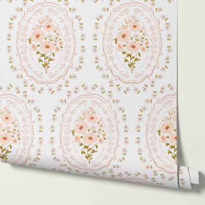 Lara Blooming Watercolor Medallions Coral Cream Wallpaper