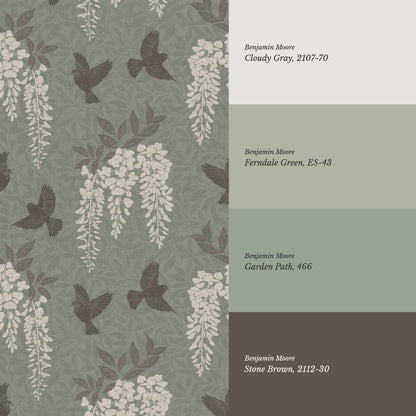 Larissa Wisteria Blooms Sage Brown Wallpaper
