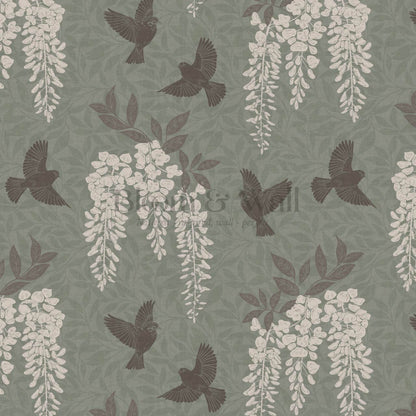 Larissa Wisteria Blooms Sage Brown Wallpaper