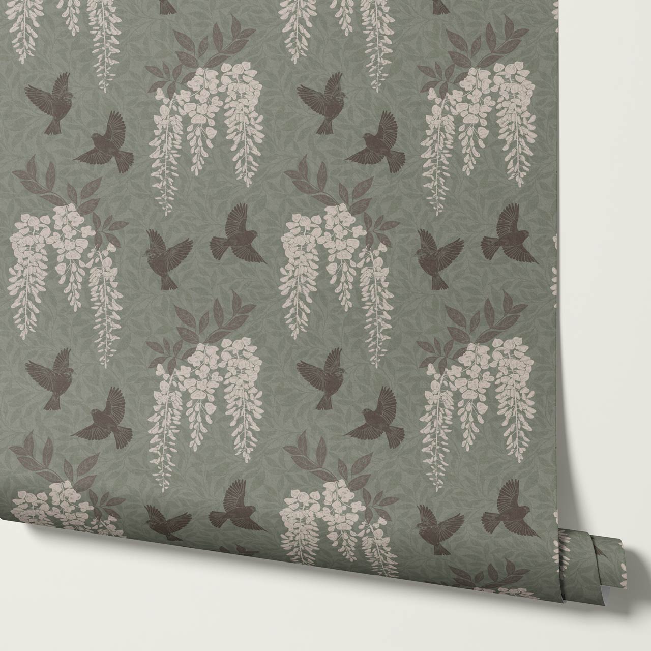 Larissa Wisteria Blooms Sage Brown Wallpaper