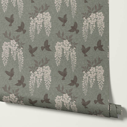 Larissa Wisteria Blooms Sage Brown Wallpaper