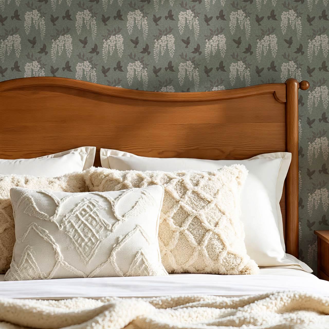 Larissa Wisteria Blooms Sage Brown Wallpaper
