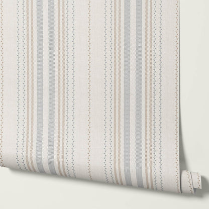 Leona Meadow Stripes Neutral Linen French Blue Wallpaper