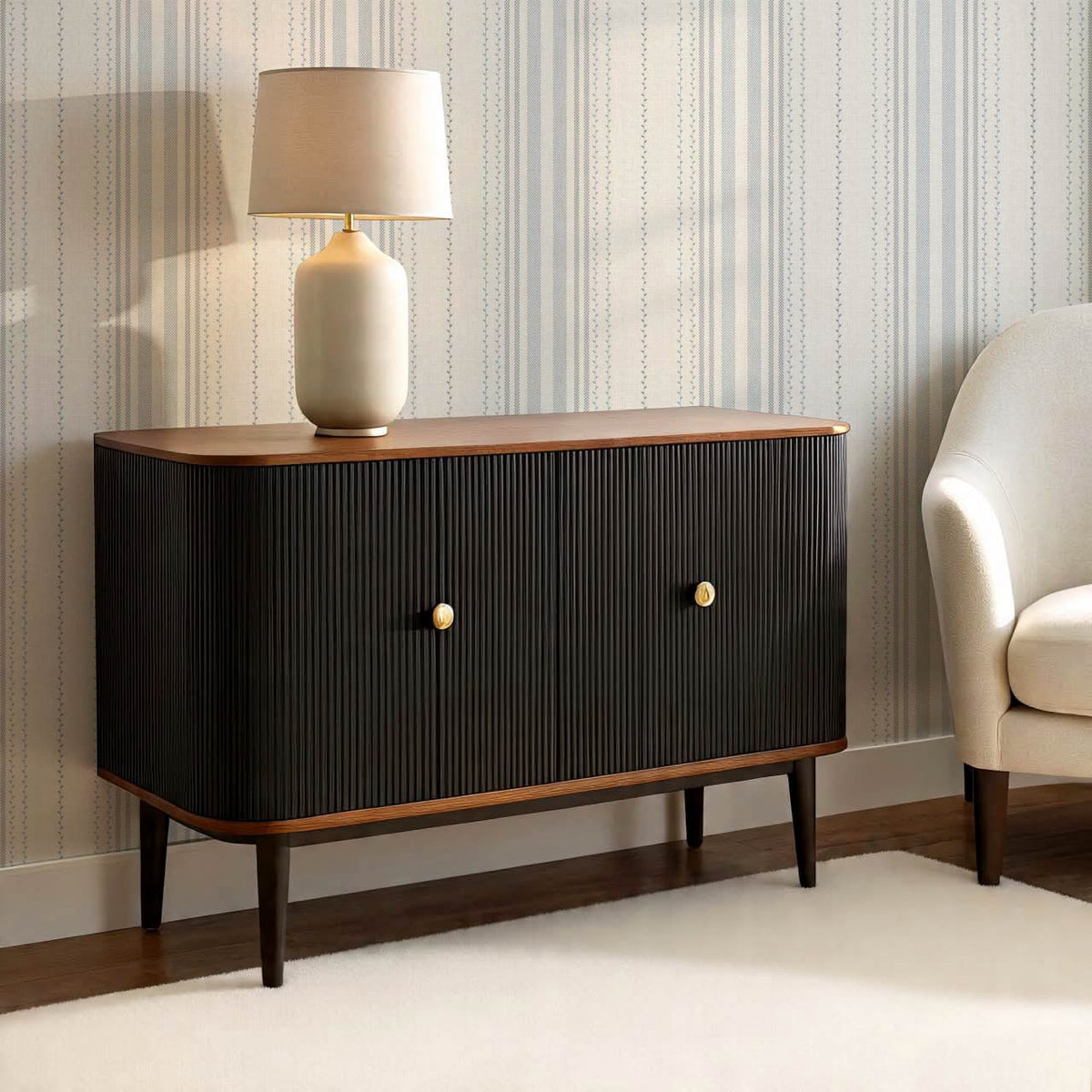 Leona Meadow Stripes Neutral Linen Gray Blue Wallpaper