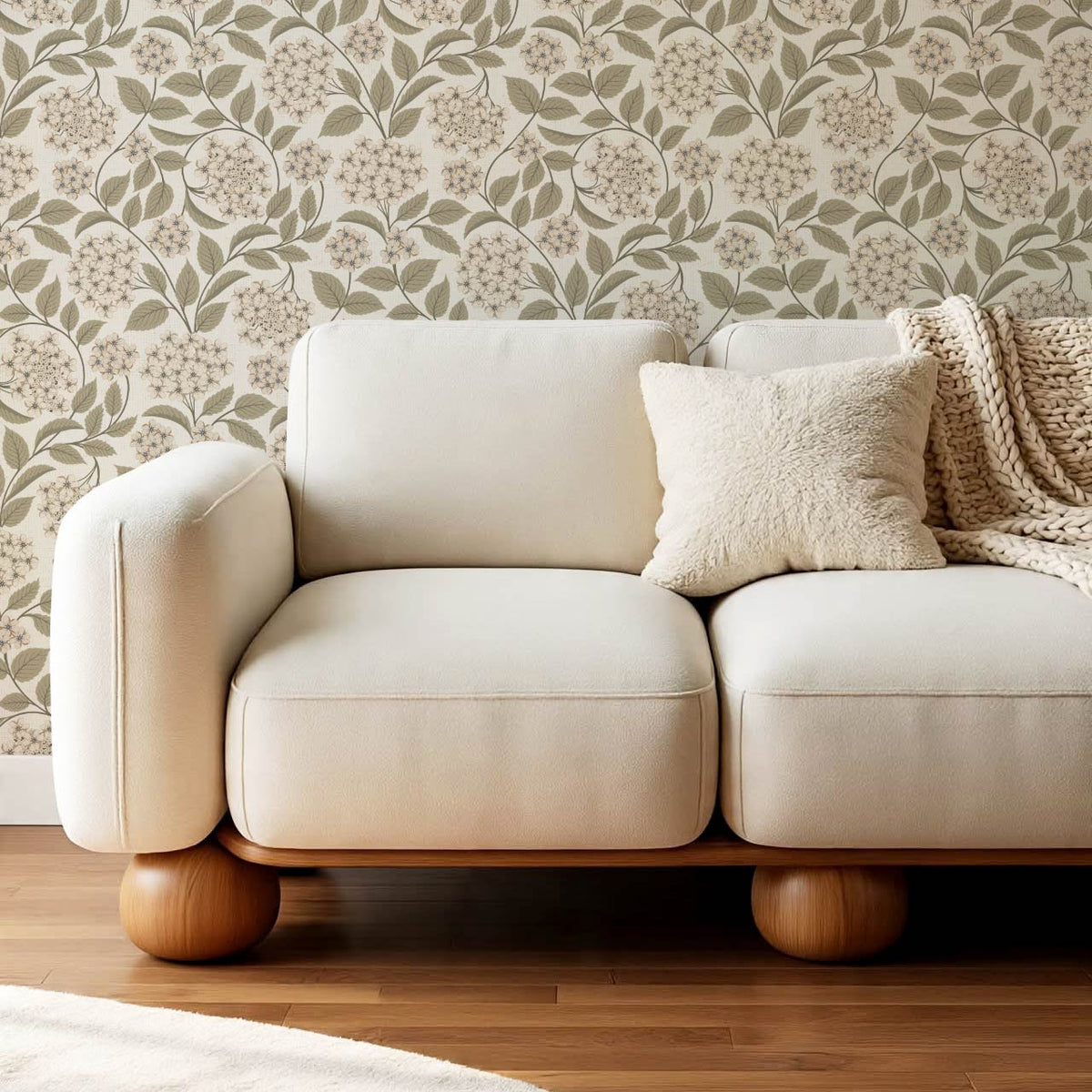 Leonora Hydrangea Botanicals Neutral Beige Olive Wallpaper