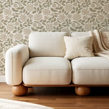 Leonora Hydrangea Botanicals Neutral Beige Olive Wallpaper