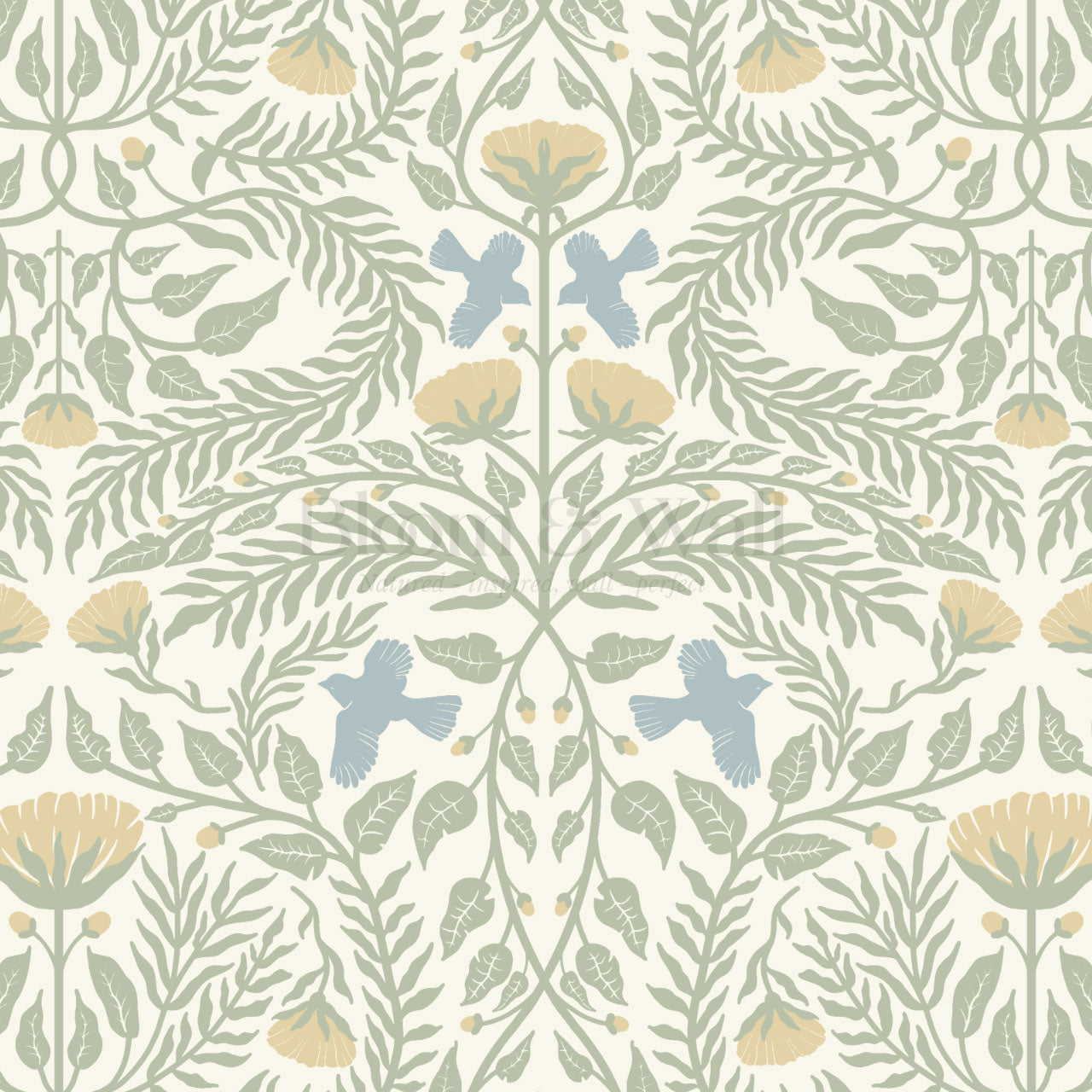 Lexi Bluebirds in the Brush Cream Sage Wallpaper