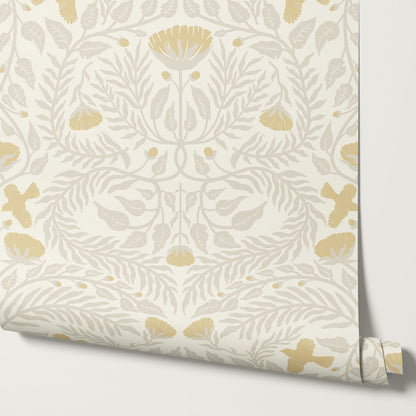 Lexi Bluebirds in the Brush Beige Gold Wallpaper