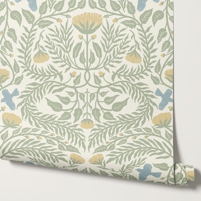 Lexi Bluebirds in the Brush Cream Sage Wallpaper