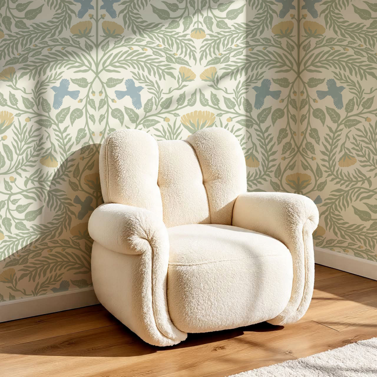 Lexi Bluebirds in the Brush Cream Sage Wallpaper