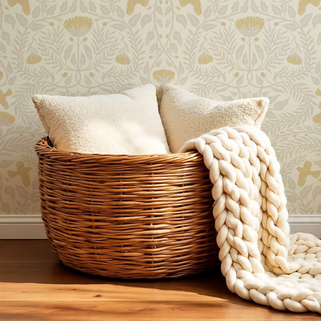 Lexi Bluebirds in the Brush Beige Gold Wallpaper