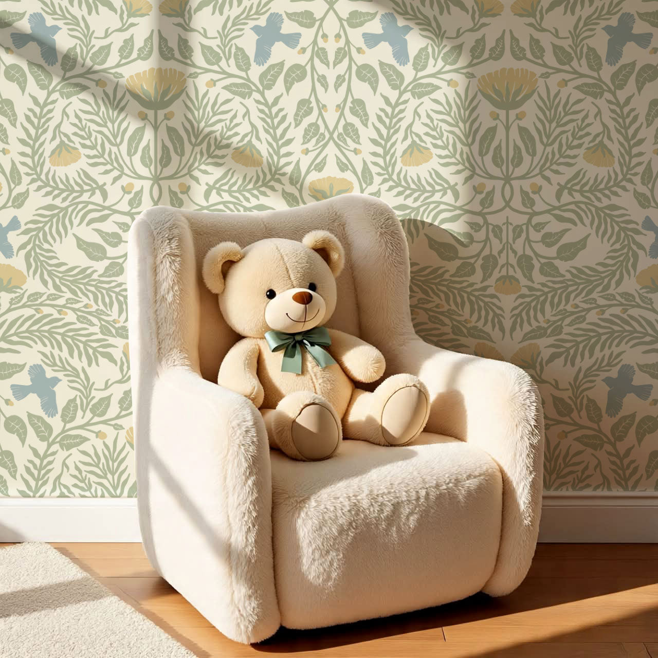 Lexi Bluebirds in the Brush Cream Sage Wallpaper