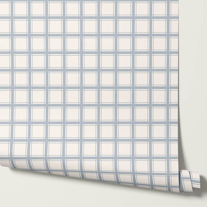 Liam Country Club Plaid Cream Grey Blue Wallpaper