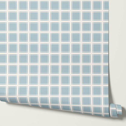 Liam Country Club Plaid Cream Dusty Blue Wallpaper