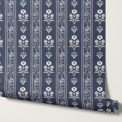 Lilou Cottage Garden Stripe Navy Wallpaper