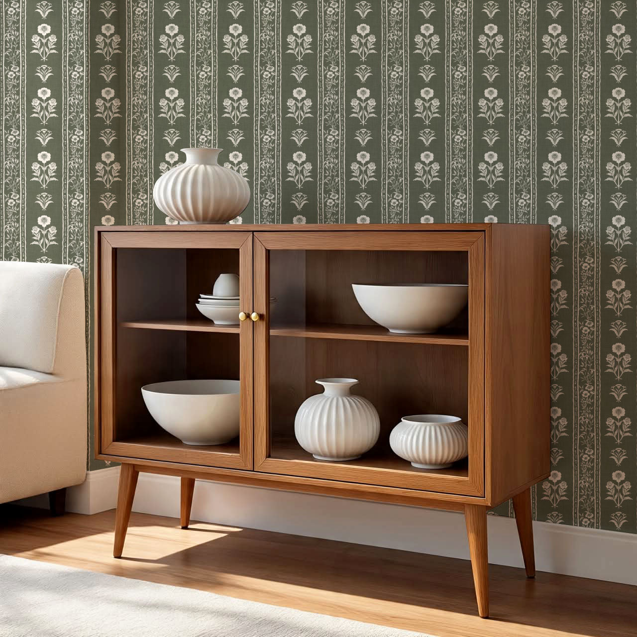 Lilou Cottage Garden Stripe Sage Wallpaper