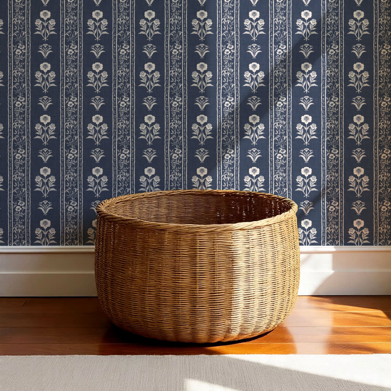 Lilou Cottage Garden Stripe Navy Wallpaper