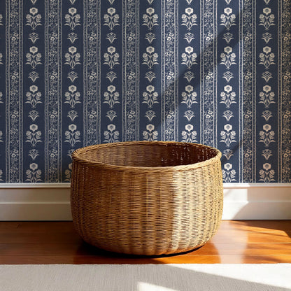 Lilou Cottage Garden Stripe Navy Wallpaper