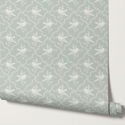 Livie Bird Nest Damask Sage Wallpaper