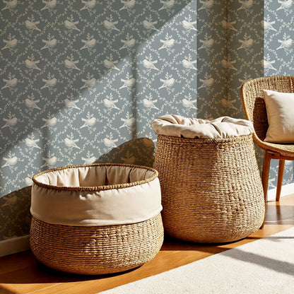 Livie Bird Nest Damask French Blue Wallpaper