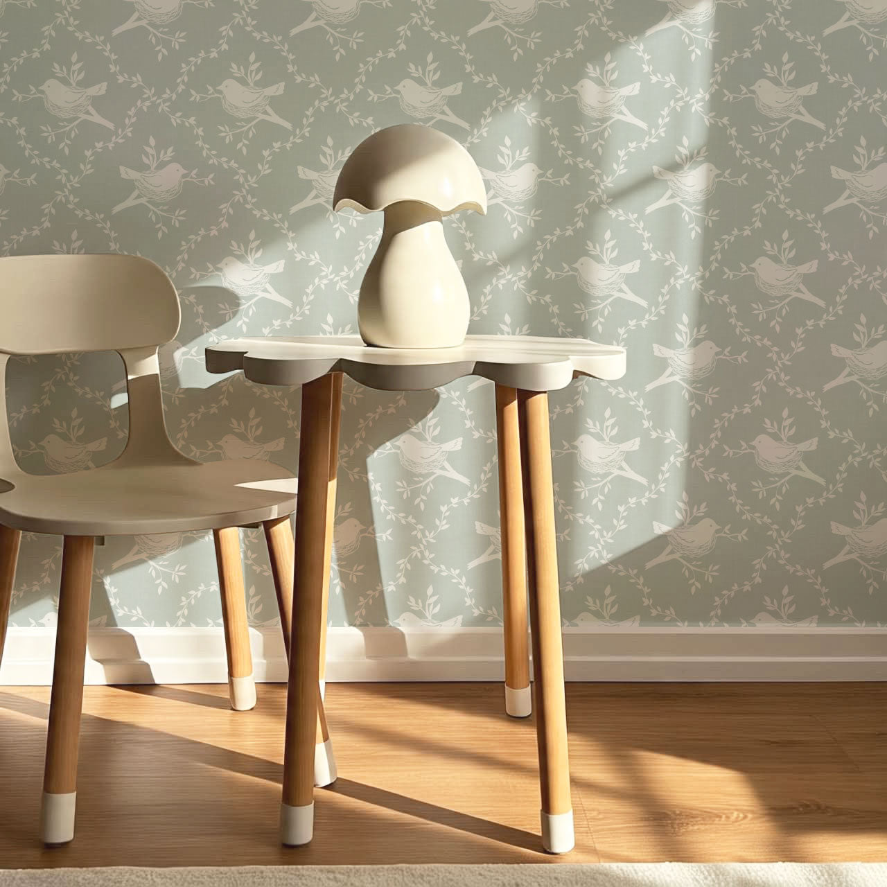 Livie Bird Nest Damask Sage Wallpaper