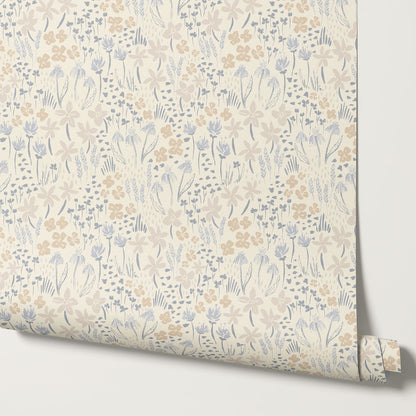 Londyn Floating Meadows Oat Blue Wallpaper