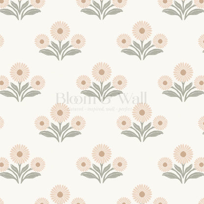 Lorea Daisy Block Print Soft Greige White Wallpaper