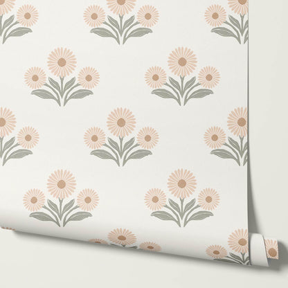 Lorea Daisy Block Print Soft Greige White Wallpaper