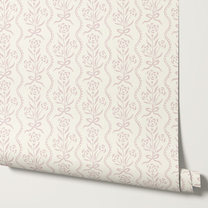 Lorna Marigold Bow Vines Blush Wallpaper