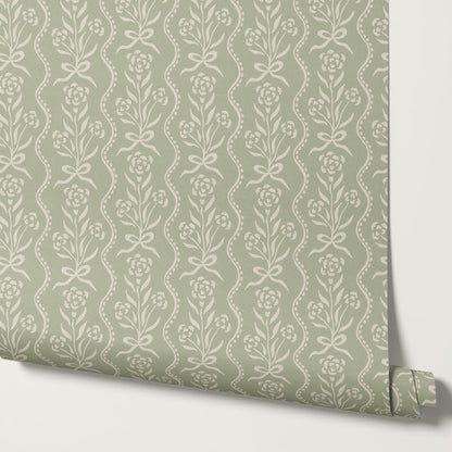 Lorna Marigold Bow Vines Sage Wallpaper
