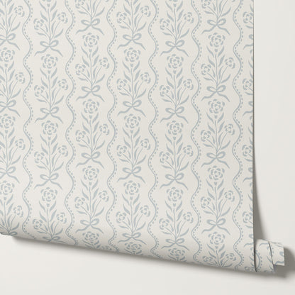 Lorna Marigold Bow Vines French Blue Wallpaper