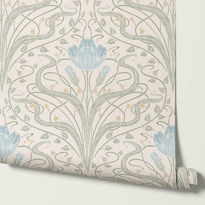 Louve Large Flora Nouveau Bluebell Ivory Wallpaper