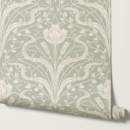Louve Large Flora Nouveau Moss Cream Wallpaper