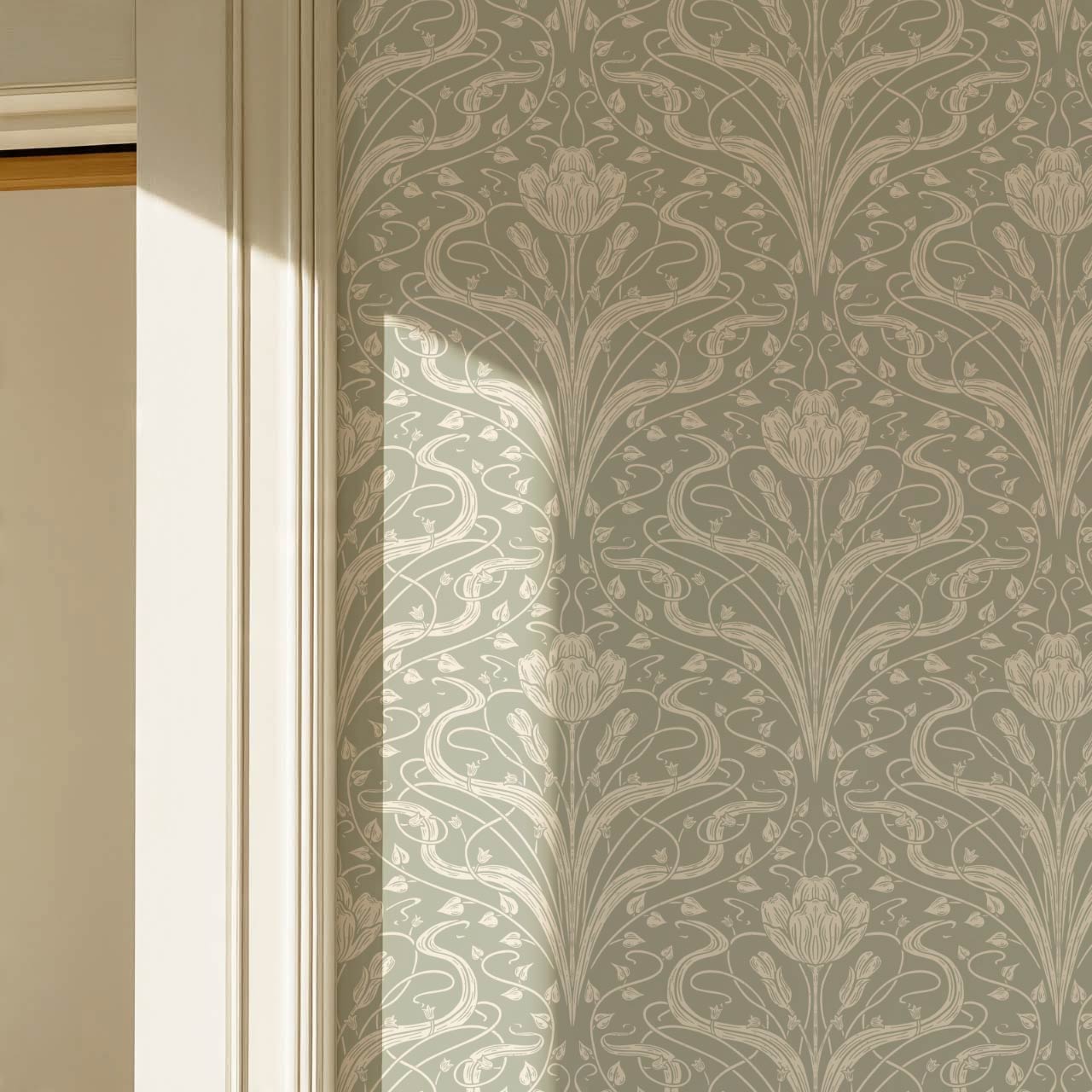 Louve Large Flora Nouveau Moss Cream Wallpaper