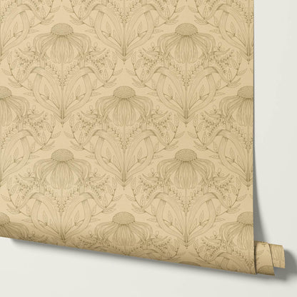 Lovel Large Delicate Line Floral Almond Yellow Wallpaper