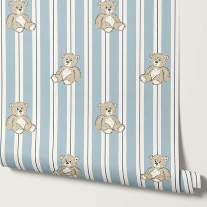 Lucas Teddy Bear Double Stripes Blue Wallpaper