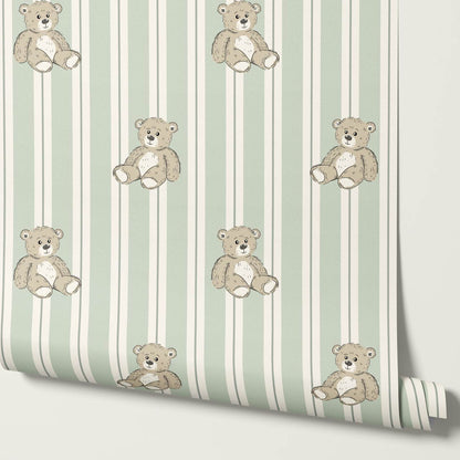 Lucas Teddy Bear Double Stripes Light Green Wallpaper