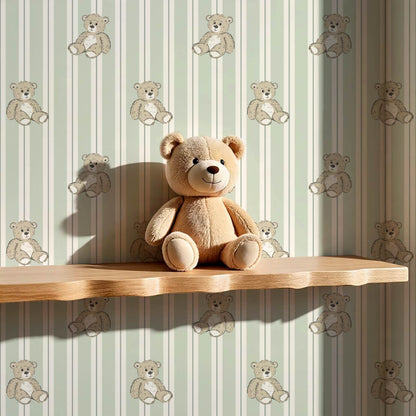 Lucas Teddy Bear Double Stripes Light Green Wallpaper