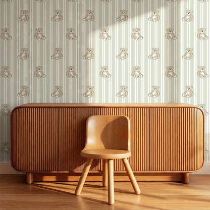 Lucas Teddy Bear Double Stripes Light Green Wallpaper