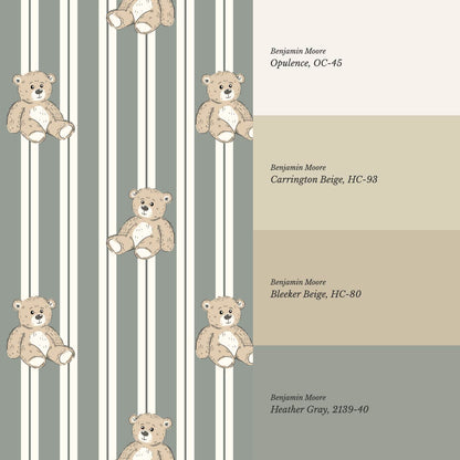 Lucas Teddy Bear Double Stripes Sage Wallpaper