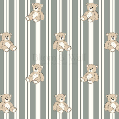 Lucas Teddy Bear Double Stripes Sage Wallpaper