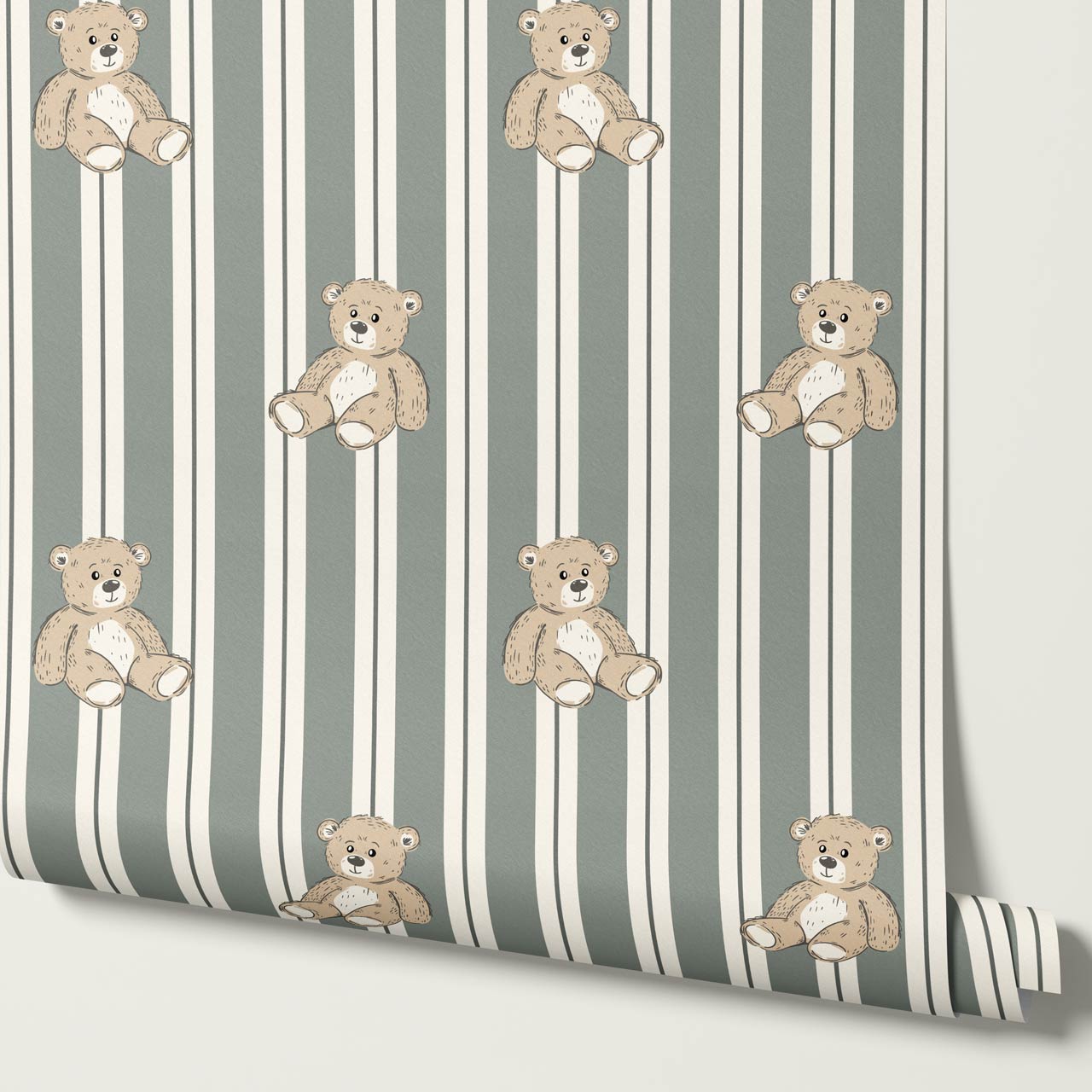 Lucas Teddy Bear Double Stripes Sage Wallpaper