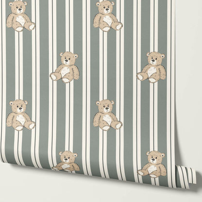 Lucas Teddy Bear Double Stripes Sage Wallpaper