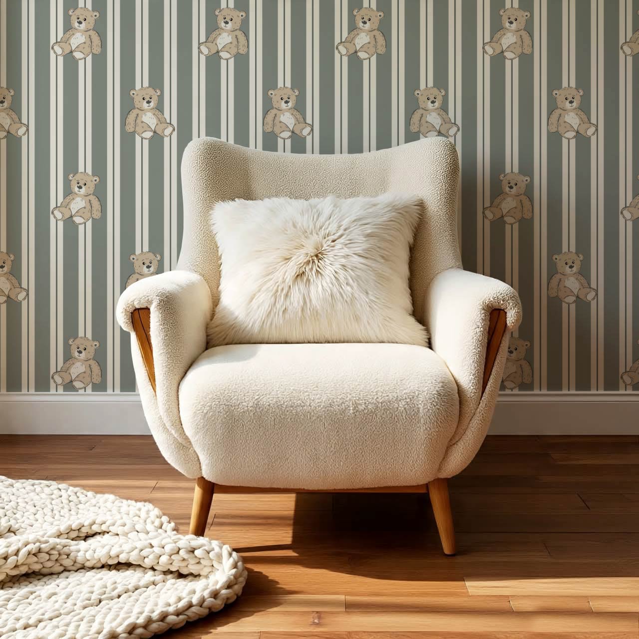 Lucas Teddy Bear Double Stripes Sage Wallpaper