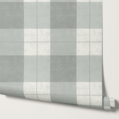 Lucia Gingham Linen Green Gray Wallpaper