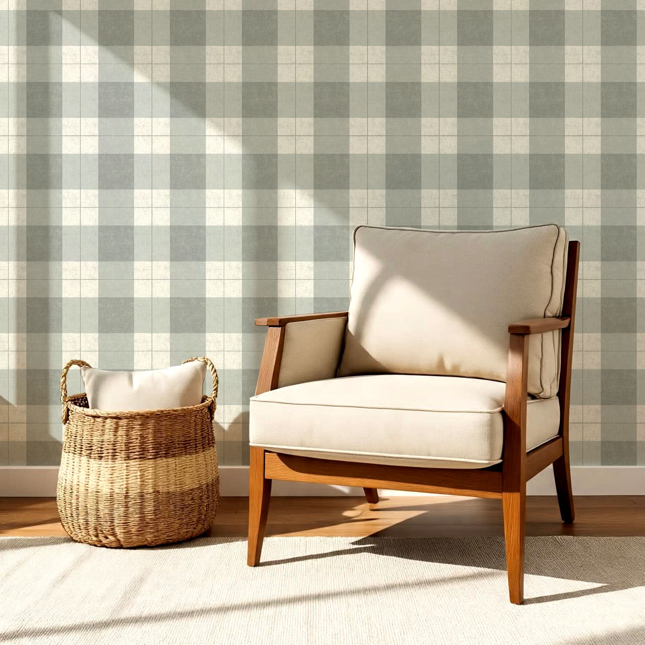 Lucia Gingham Linen Green Gray Wallpaper
