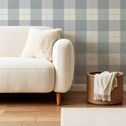 Lucia Gingham Linen Blue Gray Wallpaper