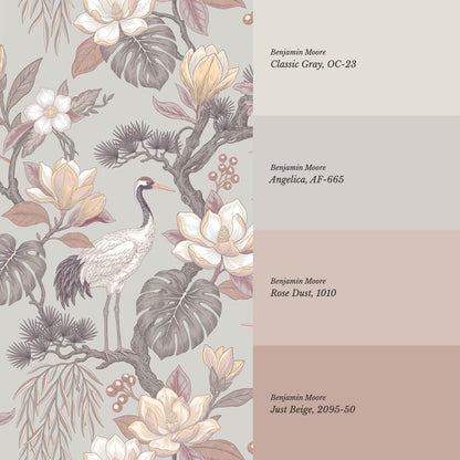 Luciaana Cranes Berry Gray Feather Wallpaper