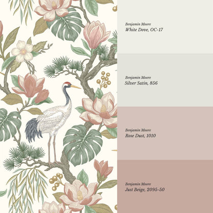 Luciaana Cranes Cream Garden Green Wallpaper